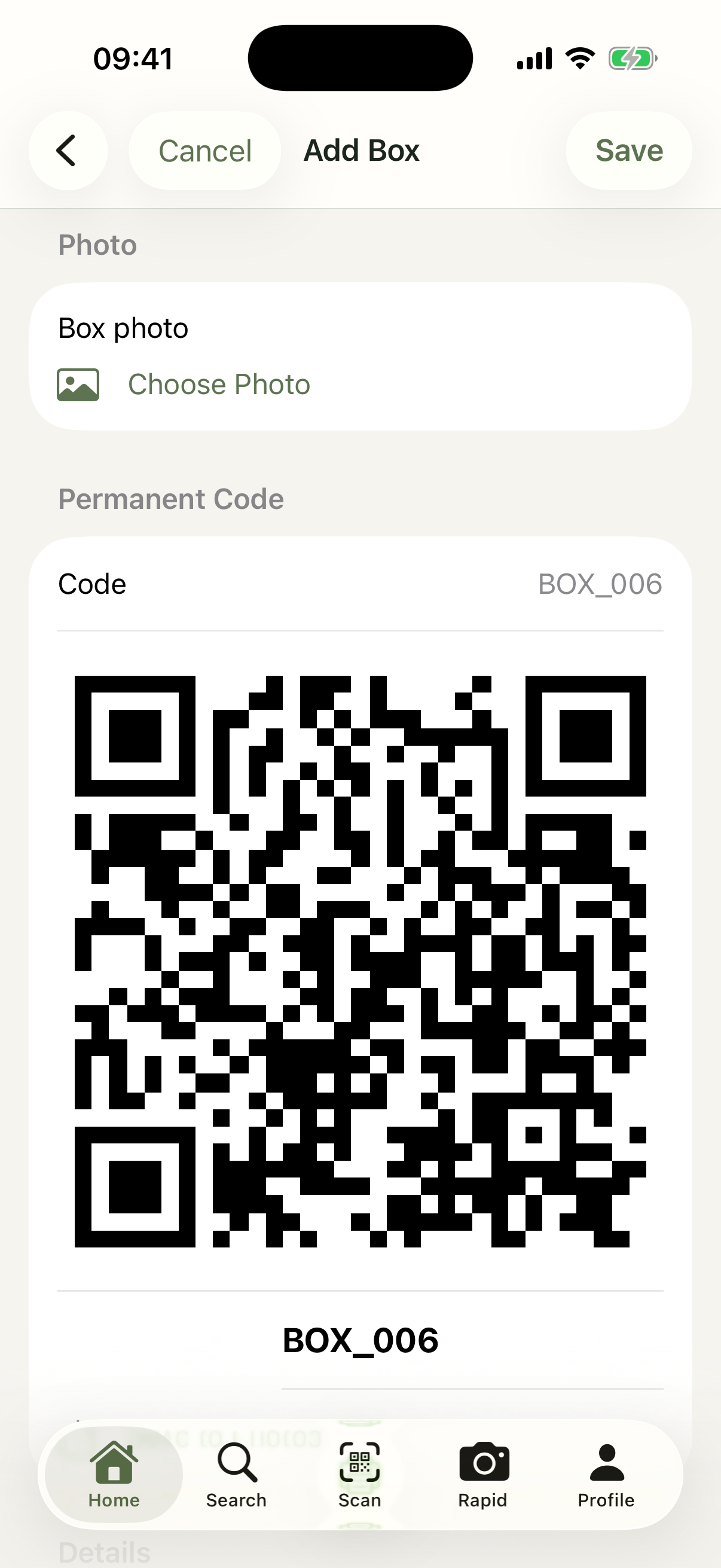 WeOrganize screen for adding a storage place and its QR label.