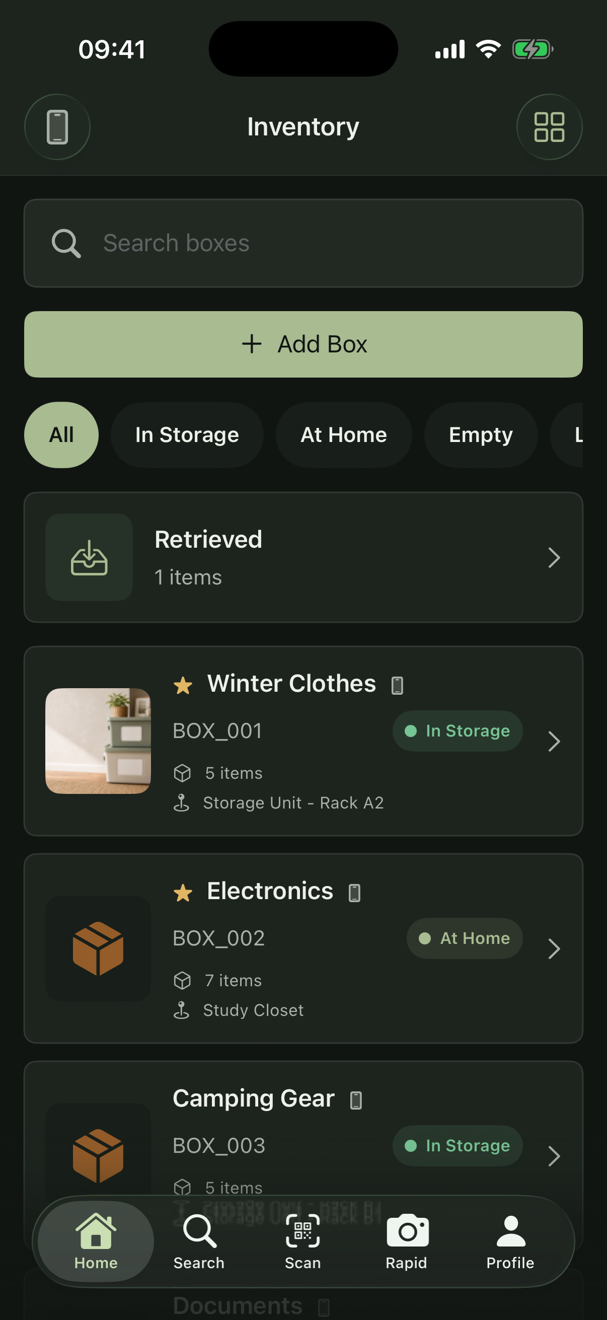 WeOrganize inventory in dark appearance.