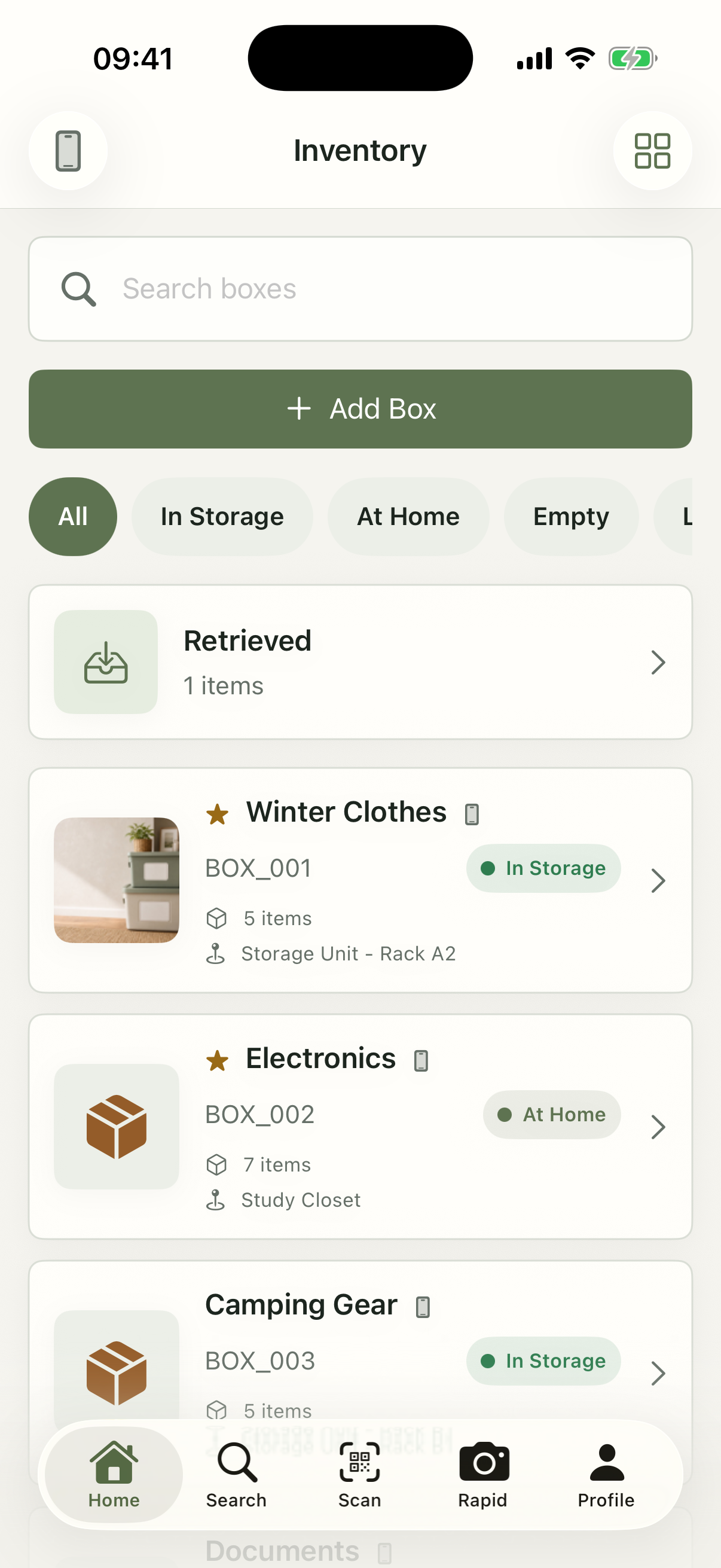 WeOrganize inventory showing storage places, item counts, and their locations.