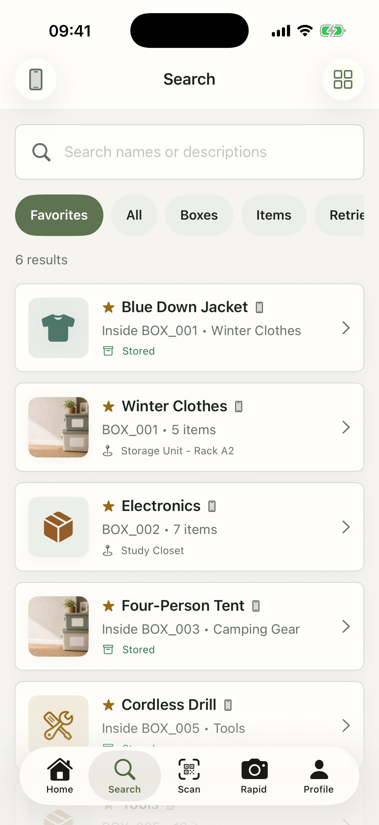 WeOrganize search results locating items and storage places.