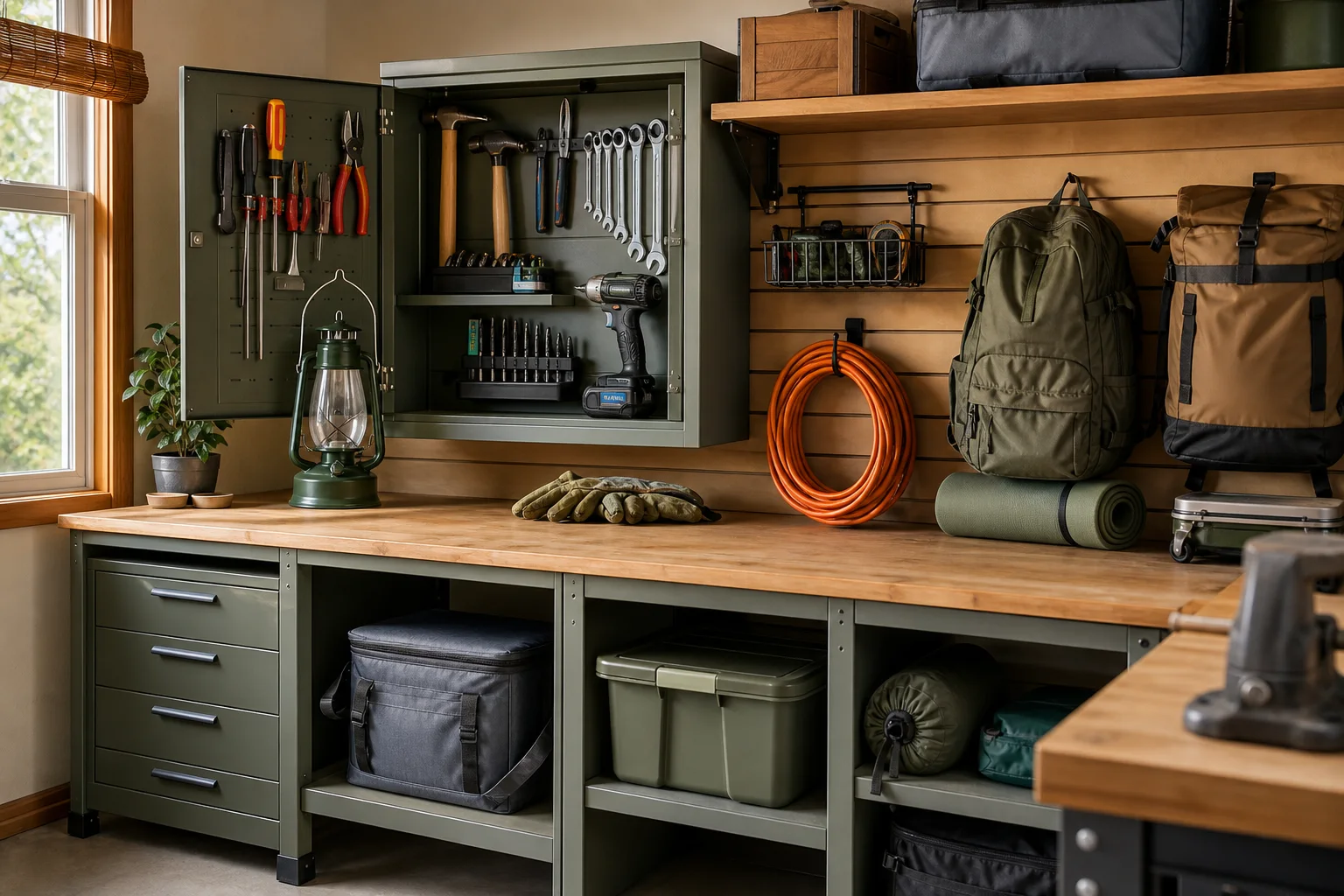 Garage tool cabinet and storage wall with tools and outdoor equipment.