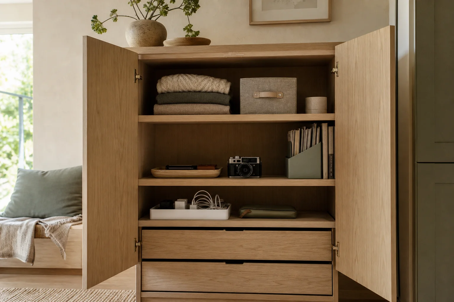 An open home cabinet with clothing, documents, a camera, and cables arranged inside.