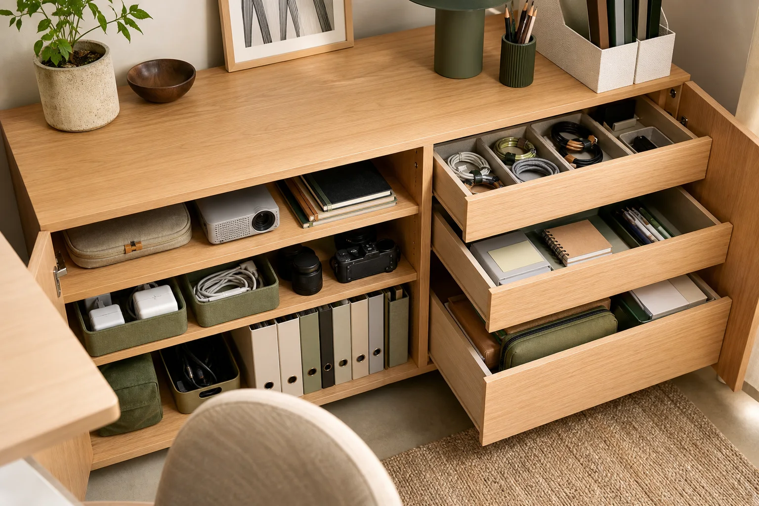 An office cabinet and drawers organized with electronics, cables, and documents.