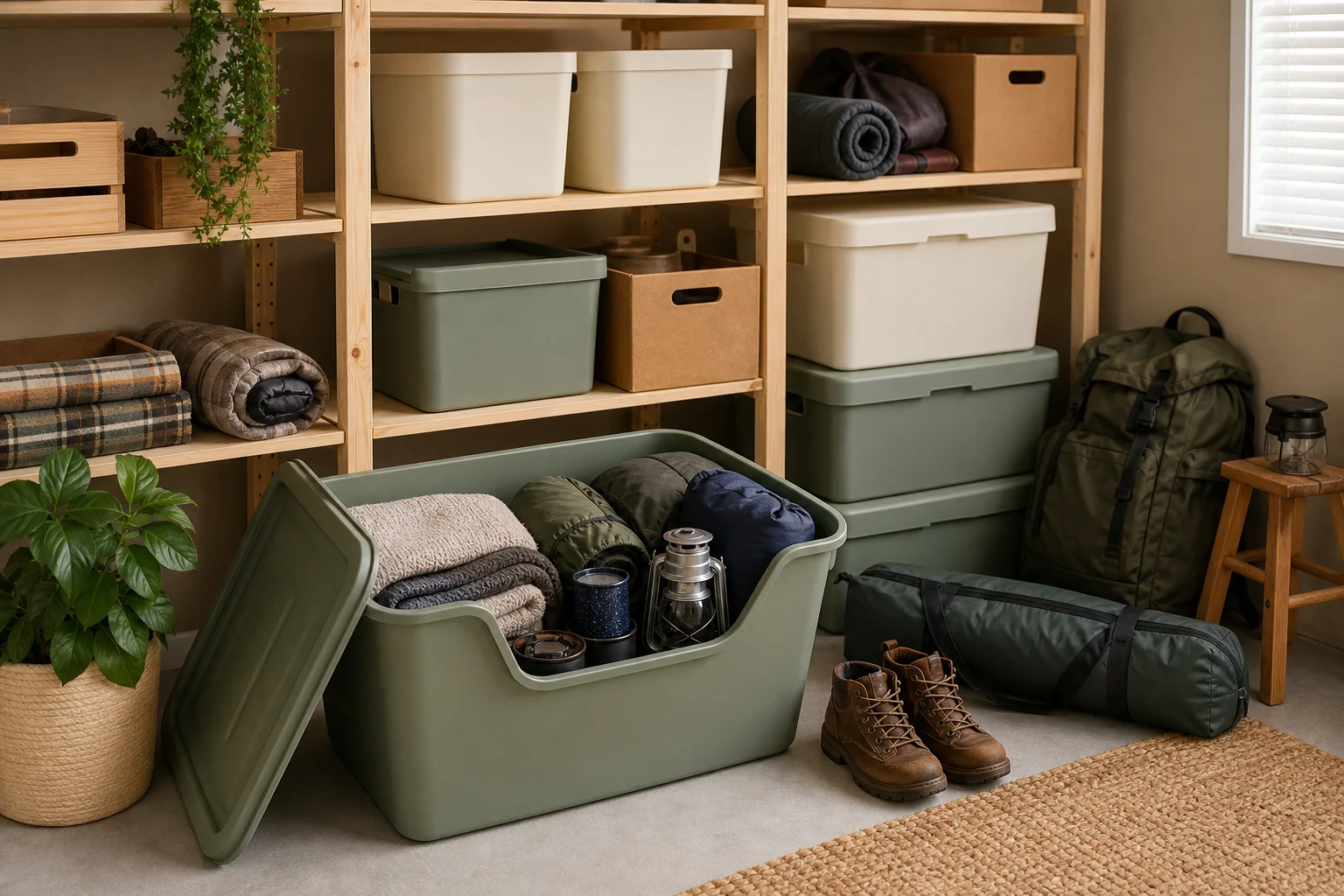 Seasonal clothing and camping equipment arranged in a personal storage unit.